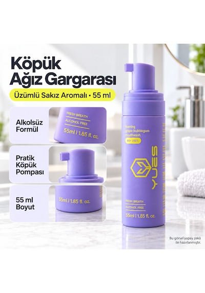 Yues Üzümlü Sakız Aromalı Alkolsüz Köpük Ağız Gargarası 55 Ml