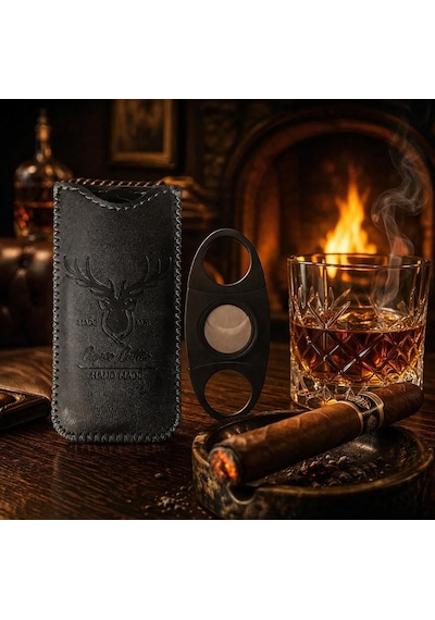 Valkyrie Premium Çift Bıçaklı Puro Makası Paslanmaz Çelik Kesici Puro Kesme Aparatı Kılıflı Siyah