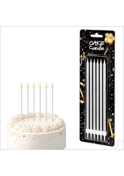Metalik Gümüş İnce Uzun Pasta Mumu 19 Cm - 6 Adet