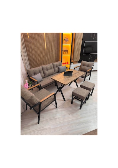 Houseart Dora 3 -1 - 1 + Masa + 2 Adet Puf , Balkon, Bahçe, Teras, Cafe - Salon - Metal Kanepe Koltuk Takımı , Çay Seti Cappuccino Houseart Dora 3 -1 - 1 + Masa + 2 Adet Puf , Balkon, Bahçe, Teras, Cafe - Salon - Metal Kanepe Koltuk Takımı , Çay Seti Cappuccino