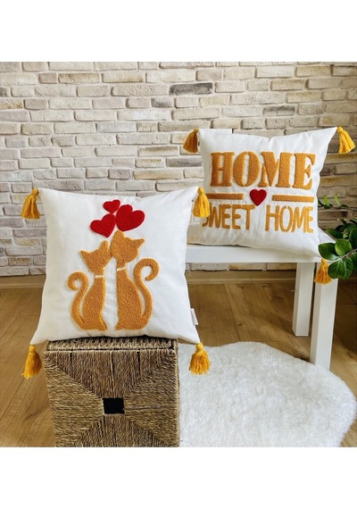 Swita Home Punch İşlemeli 2'li Dekoratif Özel Tasarım Kırlent Kılıfı Panç Hardal - Krem
