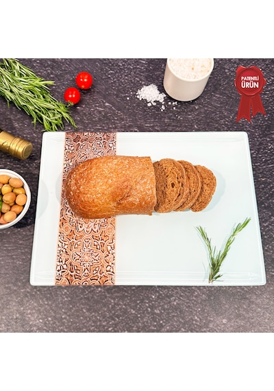 Kanallı Cam Kesme Tahtası - Arabesk Tek Şerit Desen - 25x35cm