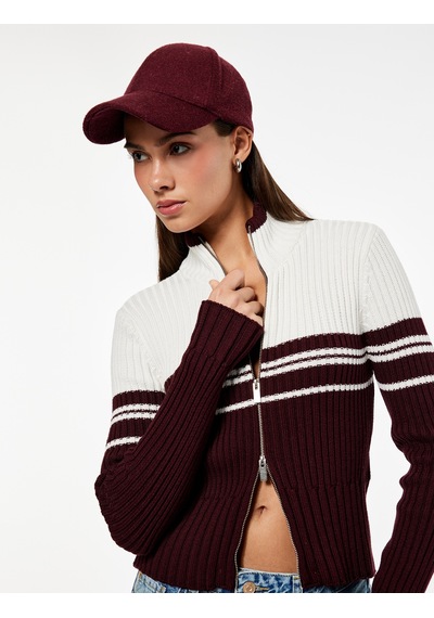 Koton Dik Yaka Slim Fit Uzun Kollu Çizgili Fermuarlı Triko Hırka Bordo Çizgili 6wal90108ht Bordo Çizgili