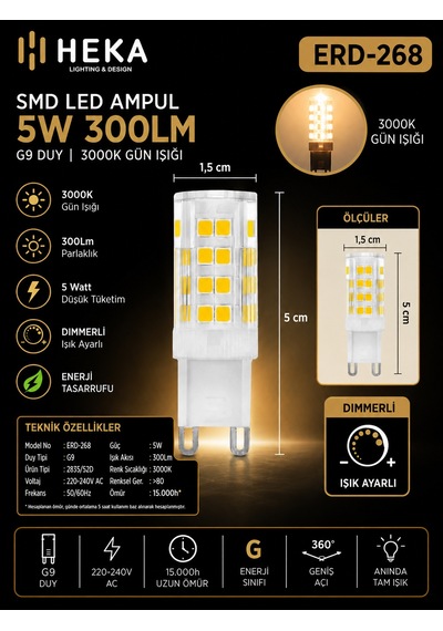 8 Adet Heka 5w Günışığı 3000k G9 Duylu Dim Edilebilir Led Kapsül Ampul