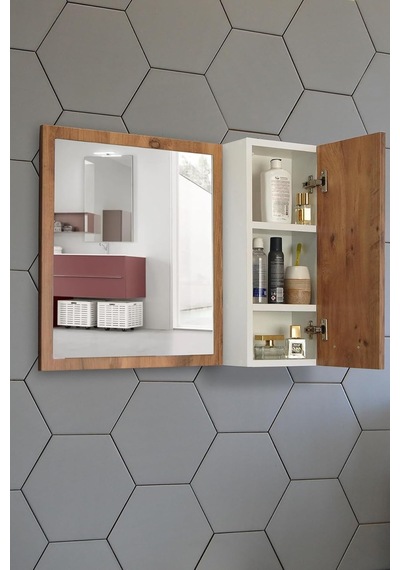 Aynalı Banyo Dolabı 80 Cm Üst Modül Kayın Renk Diğer