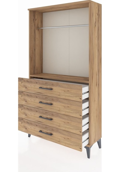 Arges Dolap Tek Raflı 4 Çekmeceli Tek Askılı 88x30x163 Çam-çam Çam