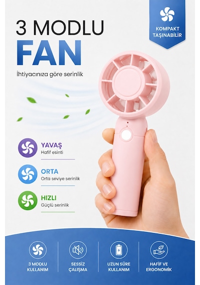 Turbo 3 Mod Şarjlı El Fanı 3 Kademe Seyahat Masaüstü Vantilatör Taşınabilir Mini Fan Pembe F130