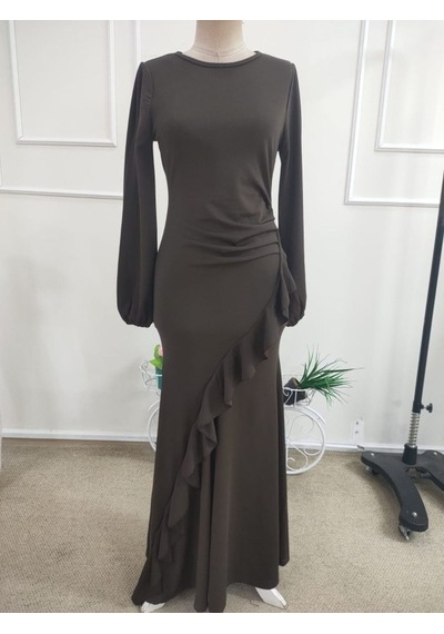 Butik İstanbul Kadın Uzun Kollu Bisiklet Yakalı Önden Fırfırlı Uzun Janjan Krep Elbise Kahverengi