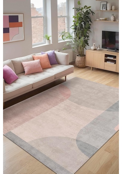 Latte Dizayn Rasta Modern Desenli Şönil Pamuk Tabanlı Yıkanabilir Kaymaz Antibakteriyel Salon Halısı 200x300 Çok Renkli