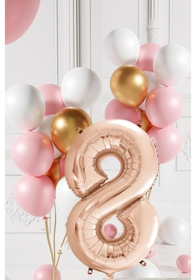 8 Yaş Retro Gold Pembe Beyaz Balon Seti Rose Gold Rakamlı Doğum Günü Balonu Şık Parti Süsleme Çok Renkli