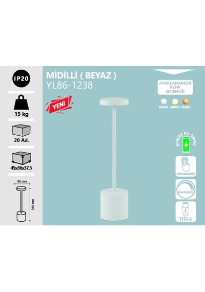 Midilli Şarjlı Masa Lambası Beyaz Beyaz