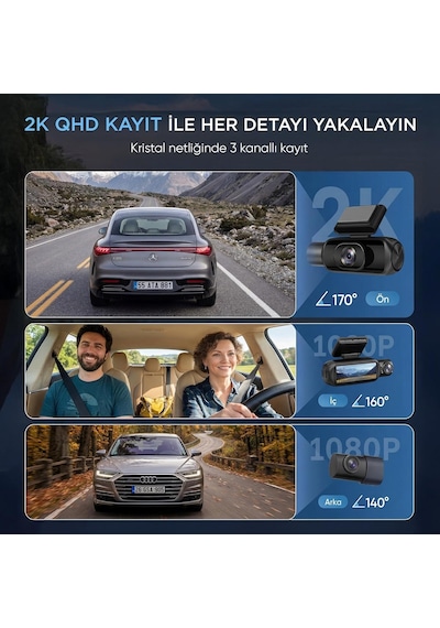 Juo C30 2k Qhd Ön + Fhd İç + Fhd Arka 3 Kameralı Wifi Gps Hdr Araç Kamerası Ekranlı 170 Derece Geniş Açı Gece