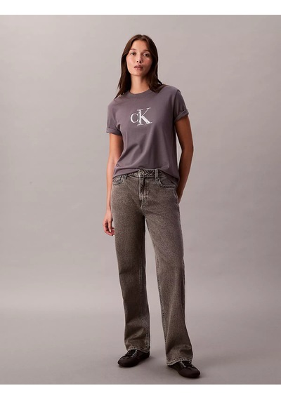 Kadın Kısa Kol Ck Yazı Detay Bisiklet Yaka Gri T-shirt Gri