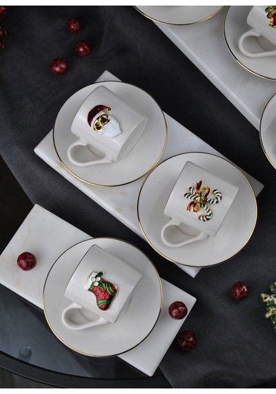 6 Kişilik Yılbaşı Dekorlu Porselen Kahve Fincan Takımı 90 Ml Yeni Yıl Noel 12 Parça Beyaz