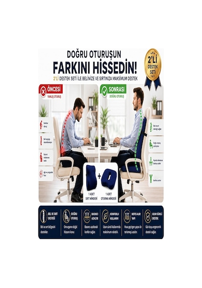 Ortopedik Sırt Ve Oturma Minderi Seti Bel, Sırt Ve Kuyruk Sokumu İçin Ergonomik Visco Destek Lacivert