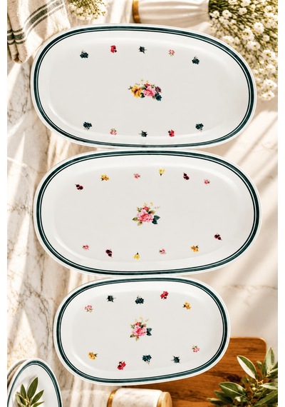 Tabak Evi Porselen Green Oval Sunum Tabağı Seti 3 Parça Çok Renkli