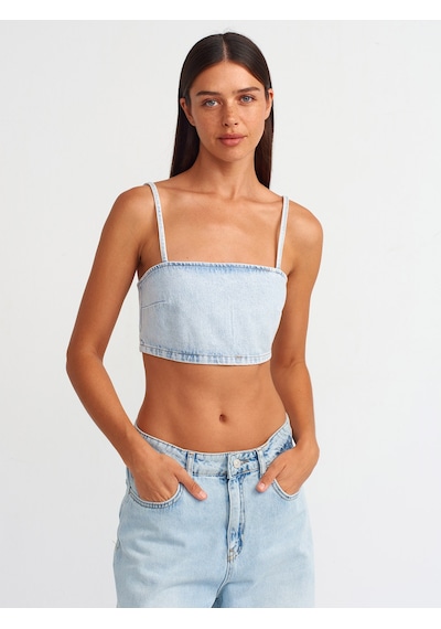 Dilvin Kısa Denim Büstiyer Mavi