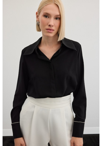 Sateen Aksesuarlı Klasik Gömlek - Siyah-136482 Siyah