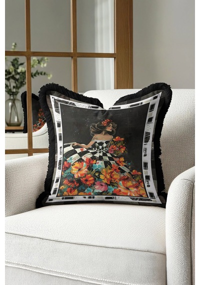 Çiçekli Retro Sanat Saçaklı Yastık Kılıfı - Kadın Figürlü Bohem Siyah Renkli Püsküllü Kırlent Kılıfı Mat Fırtına Pembe Çiçekli Retro Sanat Saçaklı Yastık Kılıfı - Kadın Figürlü Bohem Siyah Renkli Püsküllü Kırlent Kılıfı Mat Fırtına Pembe