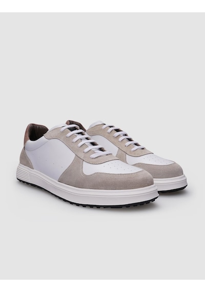 %100 Hakiki Deri Beyaz - Bej Süet Bağcıklı Erkek Sneaker-beyaz Beyaz