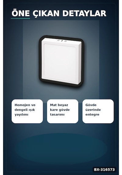 Kare Sıva Üstü Led Panel Armatür 25w 6400k Beyaz Işık 21 Cm Tavan Lambası Bx-316573 Diğer