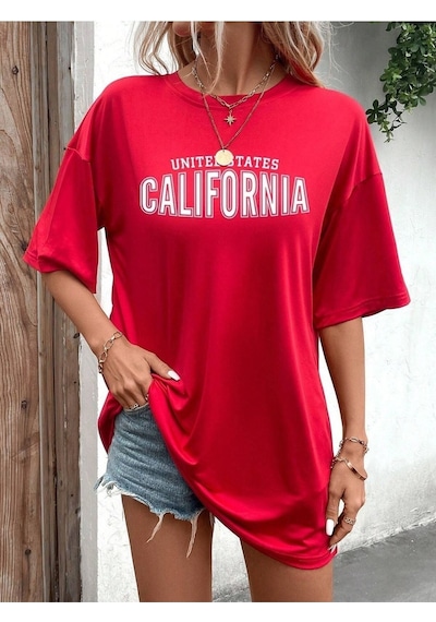 Us California T-shirt - Kırmızı Baskılı Oversize Bisiklet Yaka Kısa Kol Kirmizi
