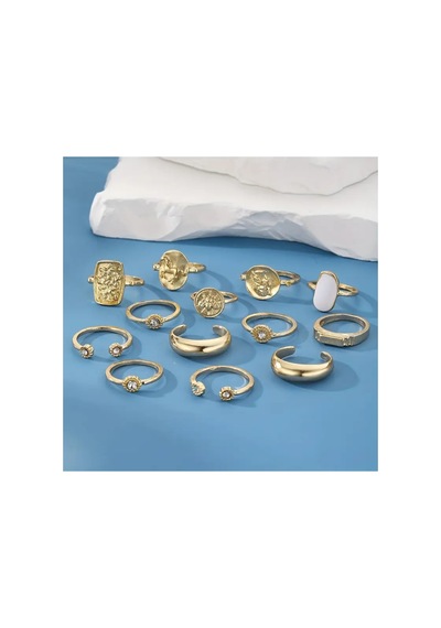 Stellis Gold - 13 Adet Kristal Taşlı Şık Tasarım Vintage Çoklu Ayarlanabilir Altın Yüzük Seti