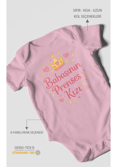 Morivokids Babasının Prenses Kızı Kısa Kollu Bebek Body %100 Pamuk Koyu Pembe