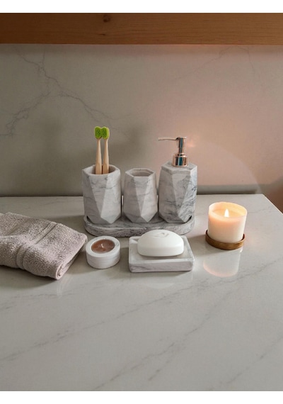 Mermer Desenli Beton Banyo Seti,sıvı Sabunluk ,diş Fırçalığı,kulak Çubukluğu,katı Sabunluk Ve Mumlukkk Gri