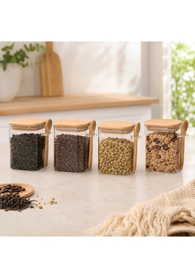 450 Ml Kaşıklı Cam Kavanoz 4'lü Set, Bambu Kapaklı Şeffaf Cam Saklama Kabı, Çay Kahve Şeker Baharat Kuruyemiş Kavanozu, Mutfak Düzenleyici Kaşıklı Baharatlık Seti Çok Renkli