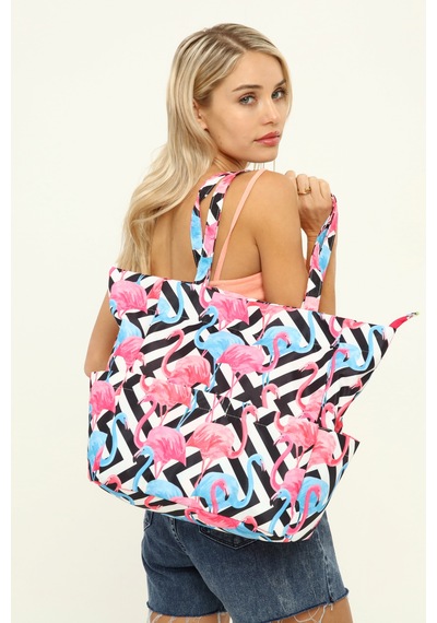 İcone Bag Kadın Çantası, Fonksiyonel Baskılı Plaj Çanta, Beach Bag, Karpuz Tropical Desenli Fermuarlı Çanta Pembe - Siyah