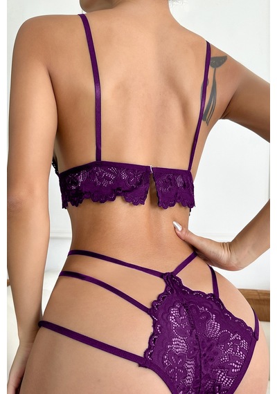 Kadın Mor Dantel Cut-out Detaylı Şık Sütyen Ve Külot Takımı H11028 H110283