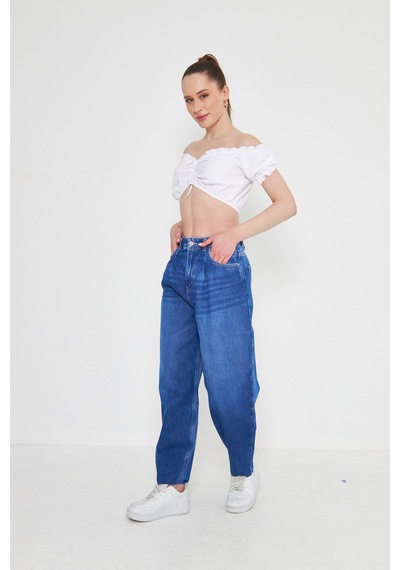 Kutaf Mavi Bol Kesim Yüksek Bel Balloon Fit Baggy Jean Kot Salaş Kadın Pantolon Mavi