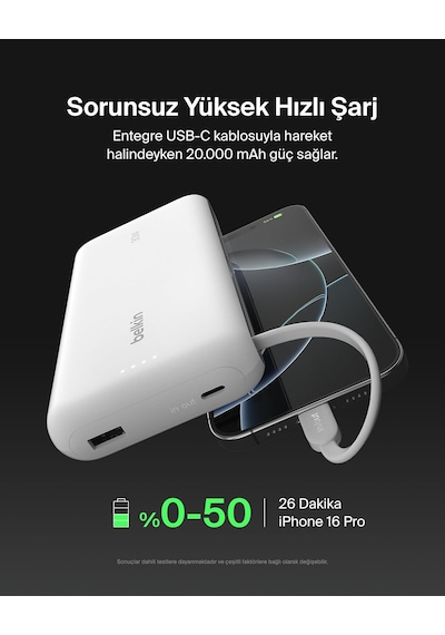 Belkin Boostcharge 20.000mah Entegre Kablolu 30w Hızlı Şarj Powerbank, Beyaz Beyaz