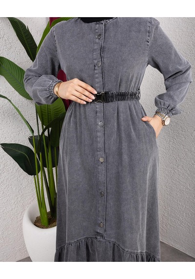Hb Harma Time Butik Kadın Düğmeli Kuşaklı Denim Koyu Gri Kot Elbise