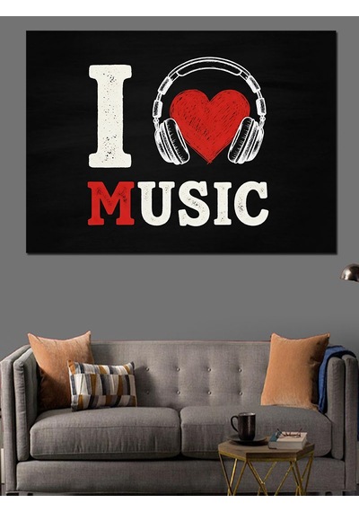 Ahşap Tablo I Love Music Kalp Kulaklık Dekoratif Tablolar