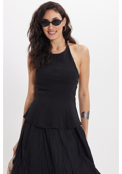 Tudors Kadın Slim Fit Dar Kesim %100 Pamuk Boyundan Bağlamalı Sıfır Kol Siyah Bluz-50552