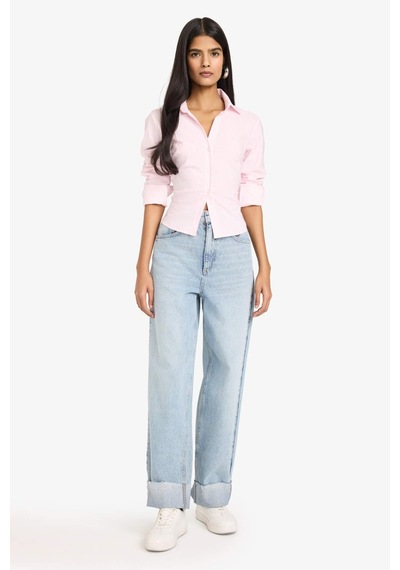 Defacto Fitted Çizgili Bengalin Pembe Kadın Gömlek D4013ax/pn633 Pembe