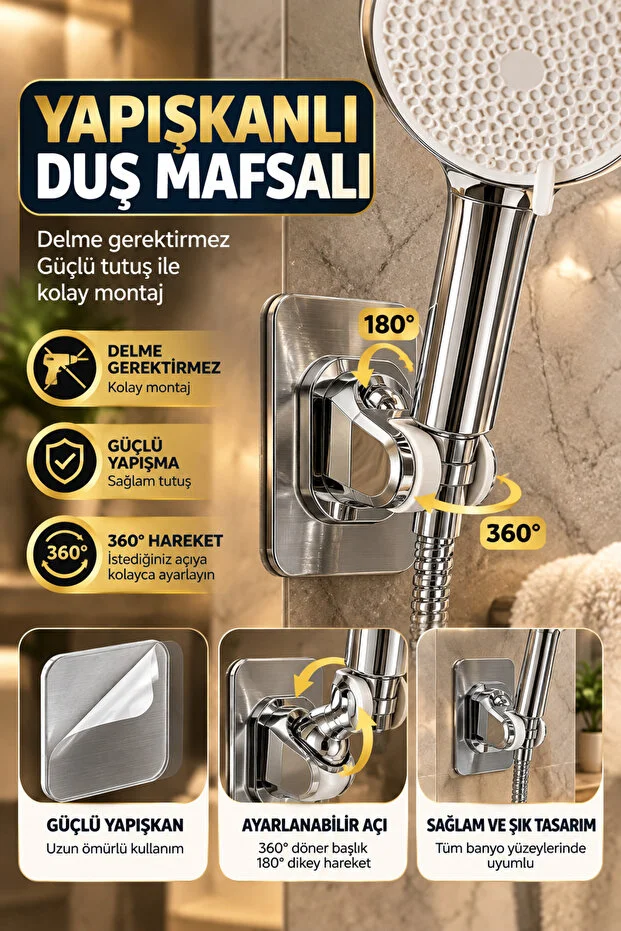 Duş Başlığı Duş Seti Xxl 5 Fonksiyonlu Yüksek Basınç Geniş Başlık Çelik Örgülü Hortum Mafsal Krom