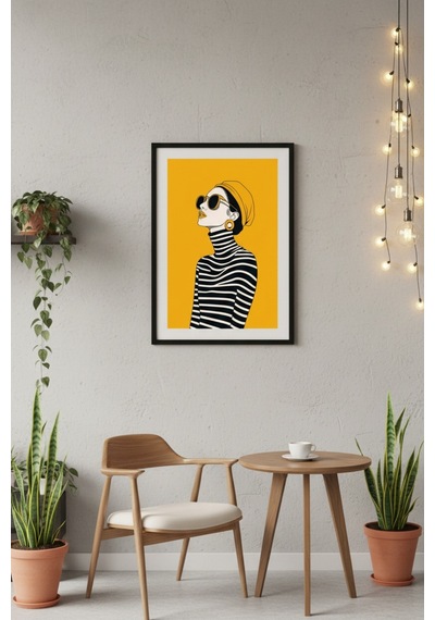 Kadın Figürlü Dekoratif Duvar Tablosu 25x60 Cm Siyah Çerçeveli Modern Dikey Tablo