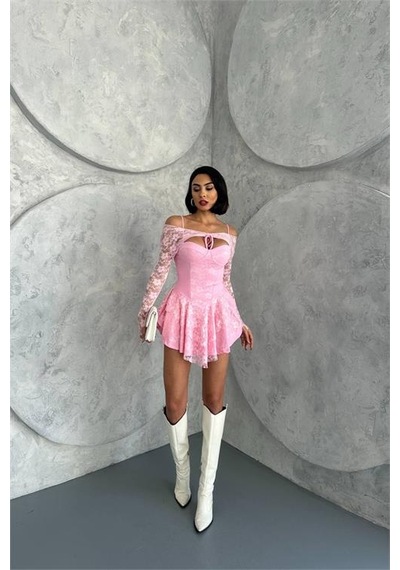 Neşeli Butik Kadın Bolero Detaylı Güpür Prenses Elbise Nbdf107 Pembe