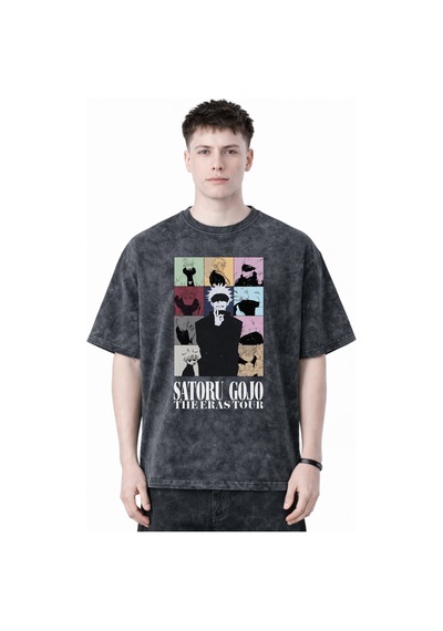 Sevbano Gojo Satoru Jujutsu Kaisen Anime Baskılı Unisex Oversize Eskitme Siyah