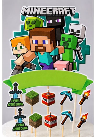Minecraft Pasta Süsü Seti Büyük Figür Ve 10'lu Kürdan Dekoru Doğum Günü Süsü +3