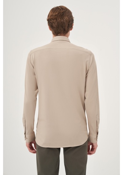 Morven Erkek Bej Örme Slim Fit Düğmeli Yaka Gömlek 25ms004024653 Bej Bej