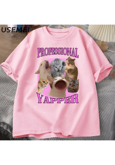 Flood Of Style Professional Yapper Cat Graphic T Shirts Women Men Cotton Short Sleeve T-shirts Casual O Neck Pembe
