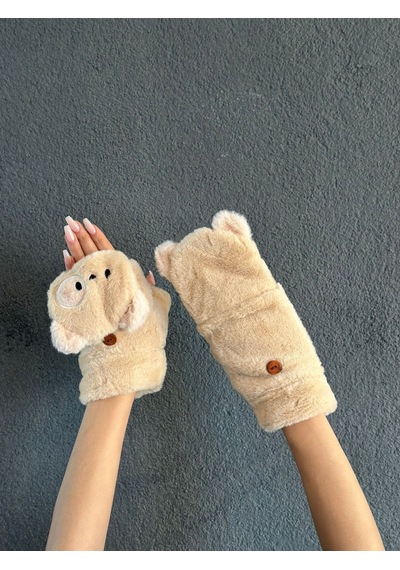 Gönülden Tasarım Kukla Peluş İçi Kürklü Açılır Parmak Nakış İşleme Kadın Eldiven Krem