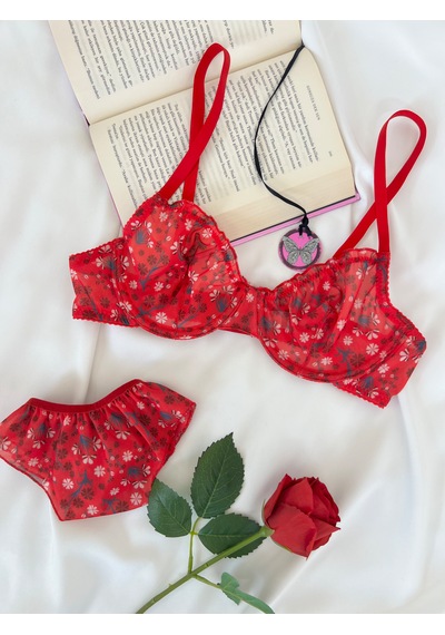 Arinda Butterfly Kırmızı Tül Çiçek Desenli Balenli Kapsız Fırfırlı Bralette Sütyen Tanga İç Çamaşırı Takımı Alt Üst 2 Parça