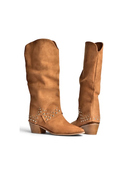 Fox Shoes Z726106802 Taba Süet Kalın Topuklu Pim Detaylı Kadın Çizme