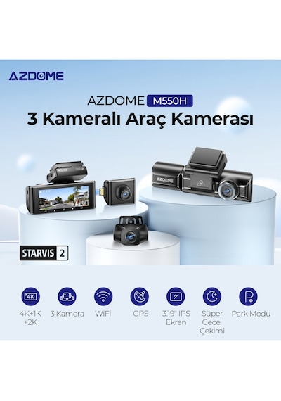 Azdome M550h 3 Kameralı 4k+2k+1k Çift Starvıs 2 Araç Kamerası