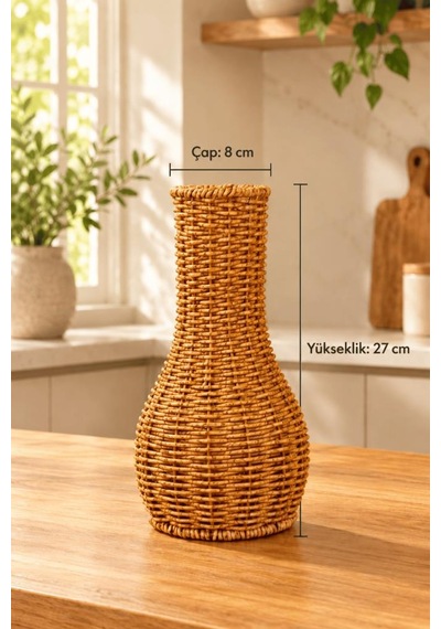 Atbyhome Doğal Hasır Rattan Çiçek Vazosu 27 Cm - Masa Üstü Dekoratif Bohem El Örgüsü Kuru Çiçeklik Vazo Kahverengi